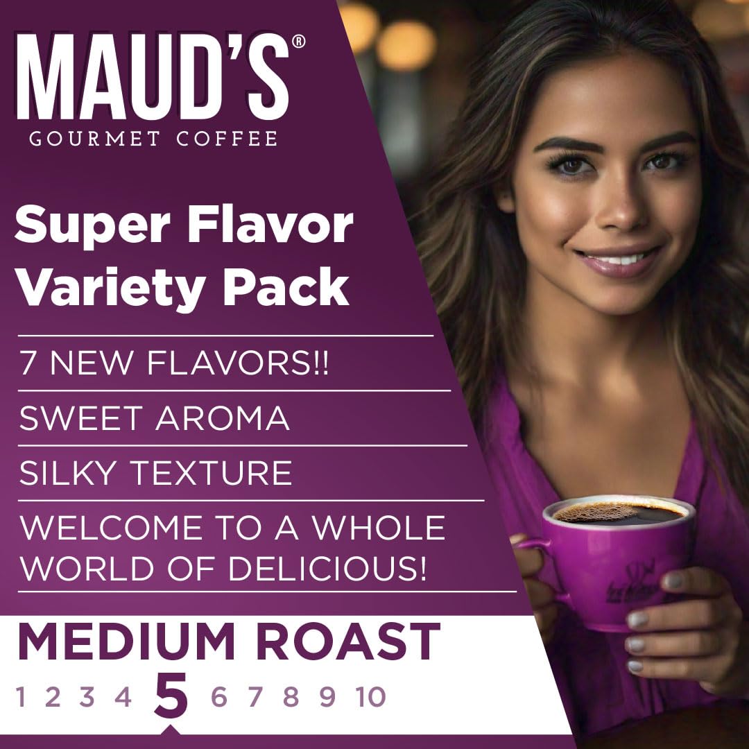 Maud's Super Flavored Coffee Pods Variety Pack, 80 ct, 16 Assorted Flavors, Medium Roast Flavored Coffee in Single Serve Pods - 100% Arabica Beans