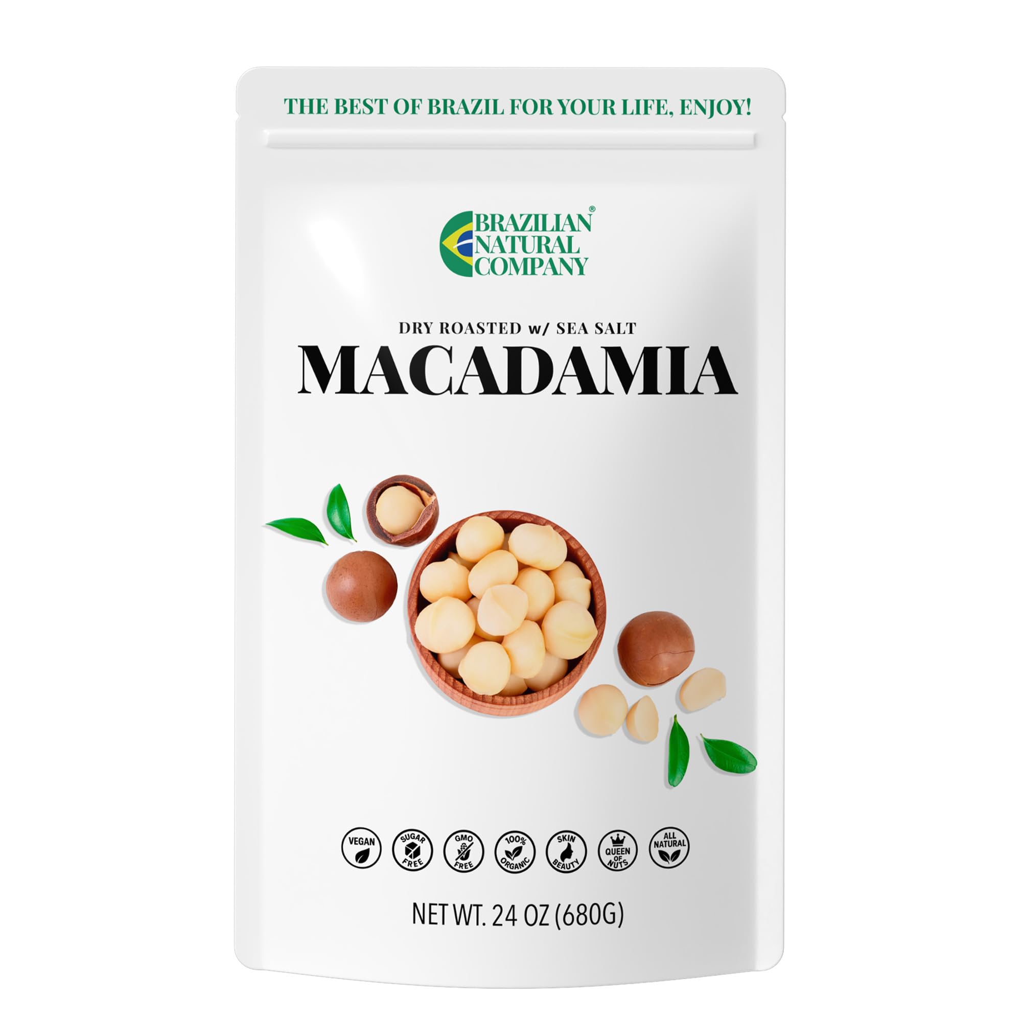 Macadamia Nuts 24 oz, Stand Up Pouch - Rich in Omega 3, Vitamins and Minerals - Natural Source of Skin and Well Being - Lightly Salted - Brazilian