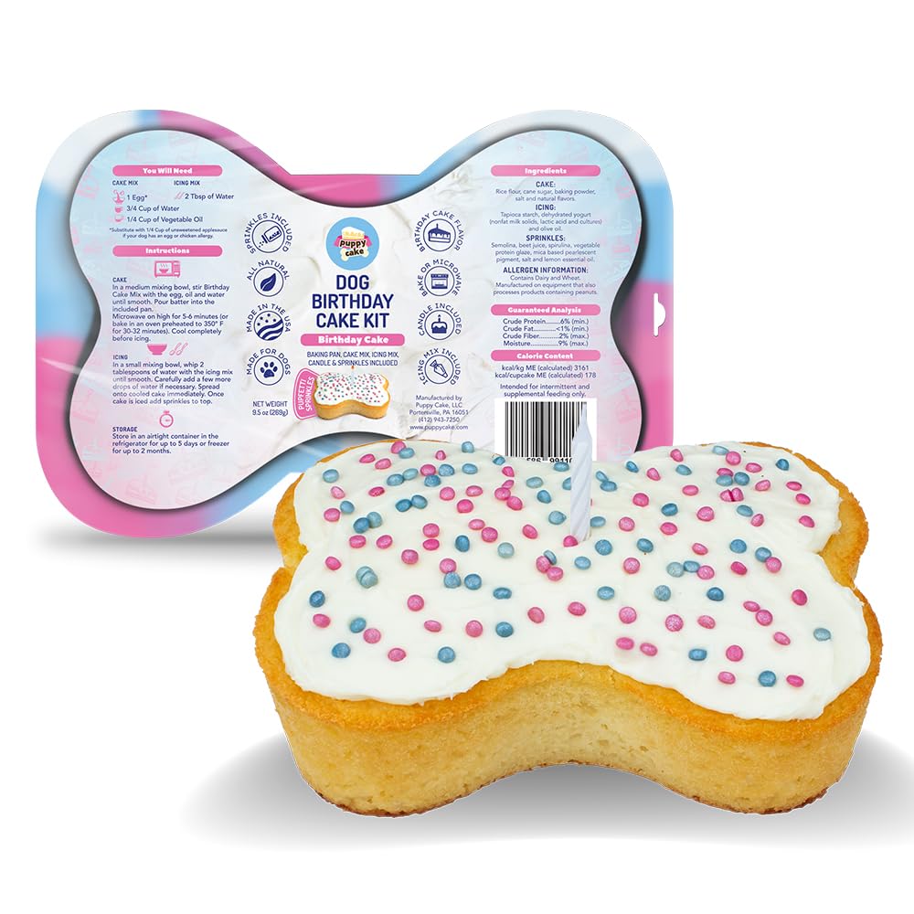 Puppy Cake Dog Birthday Cake Kit - Cake Mix, Icing Mix, Candle and Swirl Tri Color Silicone Pan, Birthday Cake Flavor - Bake or Microwave - Perfect for Celebrating Your Dog’s Special Day - Made in USA