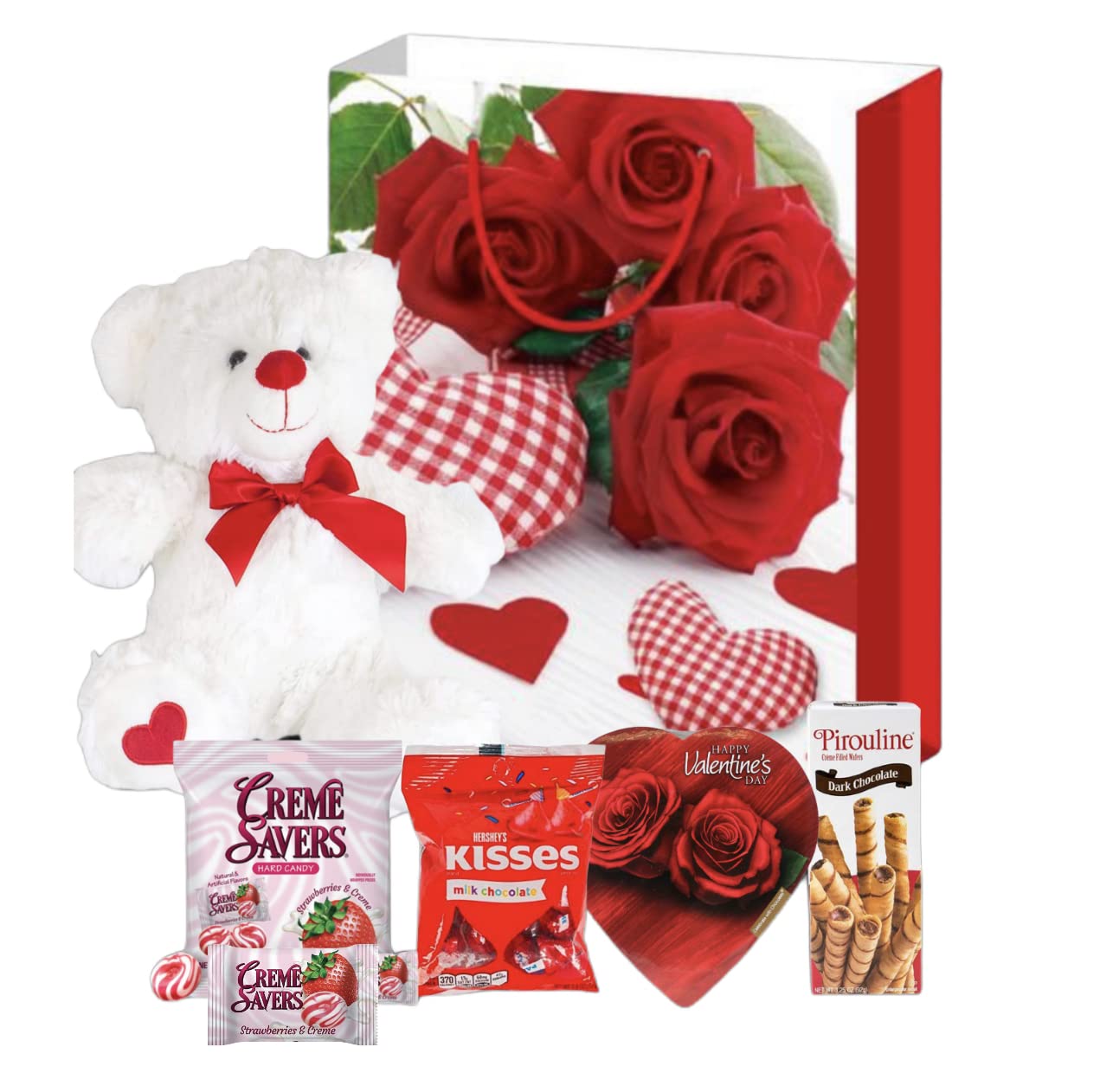 Valentines Day Gift Basket Set | Teddy Bear Plush (COLOR VARYS), Creme Savers Hard Candy, Individually Wrapped, Hershey Kisses Milk Chocolate, Heart