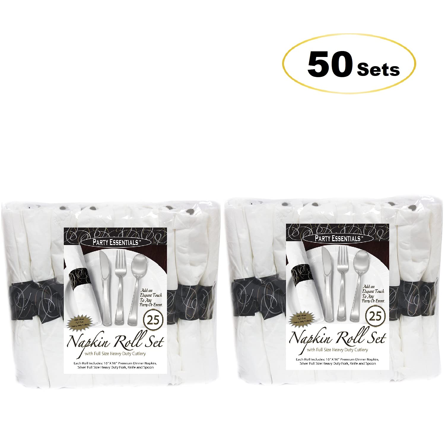 Party Essentials Party Supplies Wrapped Silverware Set Disposable, Pre Rolled Napkin and Cutlery, Spoons/Forks/Knives Silver, 50 Units