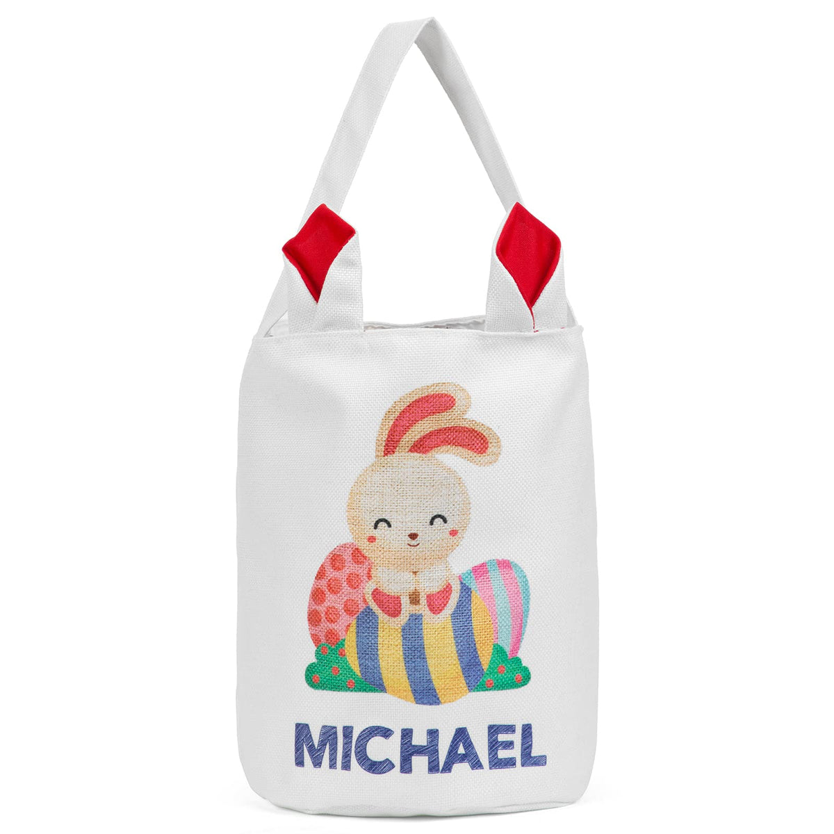 JewelOra Personalized Easter Bunny Basket Bags, Cotton Customized Name Candy Egg Basket Rabbit Print Buckets Cute Easter Basket Toys Bucket Tote Gift