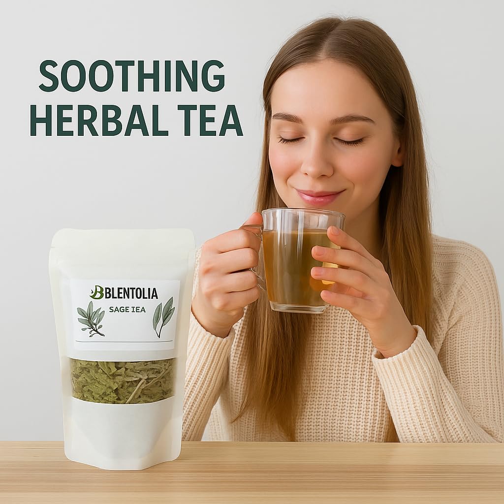 Blentolia Sage Tea - 100% Natural Dried Sage Leaves - Herbal Wellness Tea for Relaxation, Digestion & Immune Support - 50g Resealable Pouch
