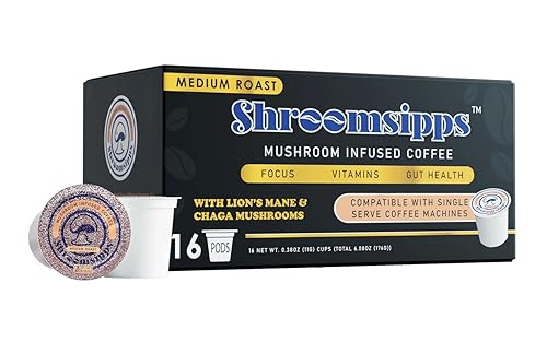 Mushroom Coffee 16 Single Serve Capsules. Medium Roast with Lions Mane and Chaga Mushrooms. Vitamins for Focus, and Gut Health, and Immune Health