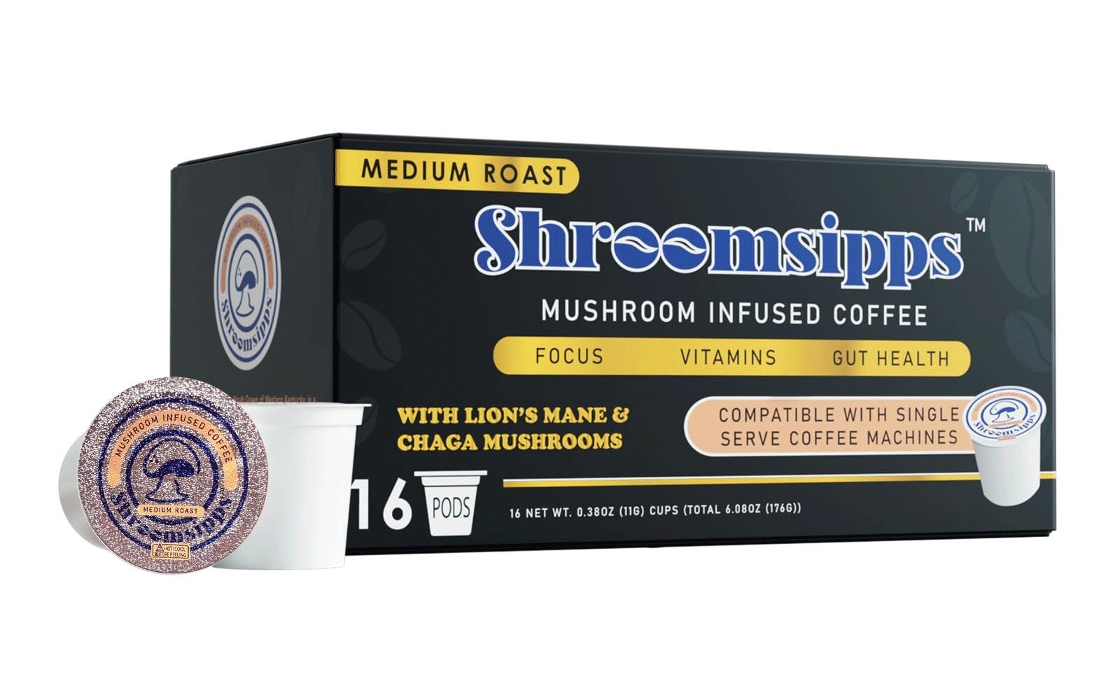 Mushroom Coffee 16 Single Serve Capsules. Medium Roast with Lions Mane and Chaga Mushrooms. Vitamins for Focus, and Gut Health, and Immune Health