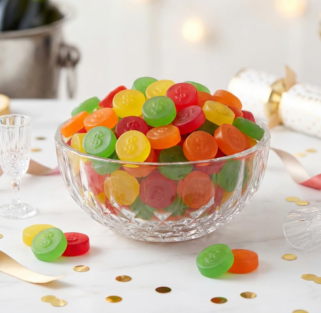 Assorted JuJu Gummy Coins - 2 lb Bulk Bag - Cherry, Orange, Lemon & Lime - Soft & Chewy Dollar?Stamped Candy - Retro JuJu Treats for Parties, Candy