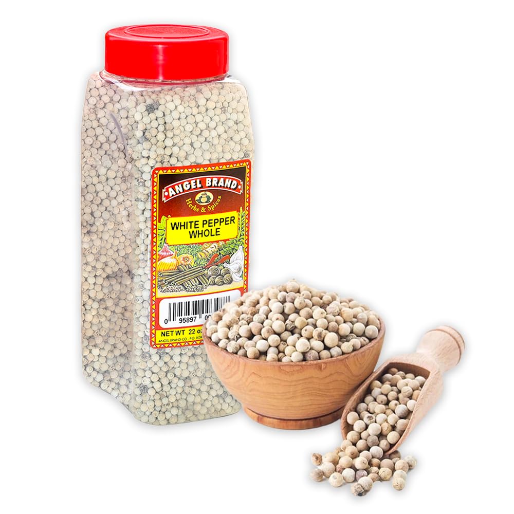 Angel Brand White Peppercorns Whole - 22 oz Bottle - Premium Pepper Corn for Grinder Refill, Perfect for Cooking and Seasoning.