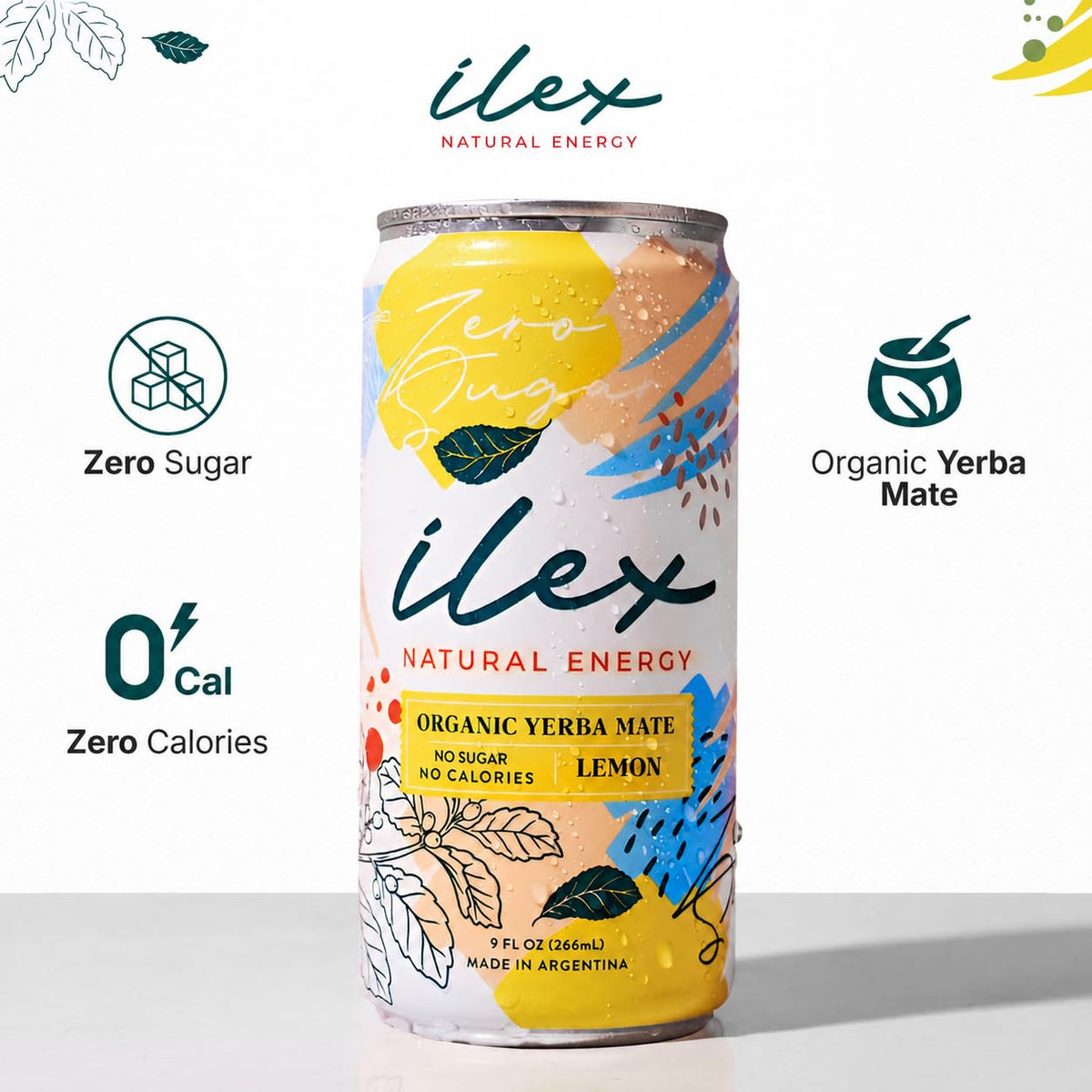ILEX Yerba Mate Energy Drink, Zero Sugar, Lemon, 9 fl oz (Pack of 6)