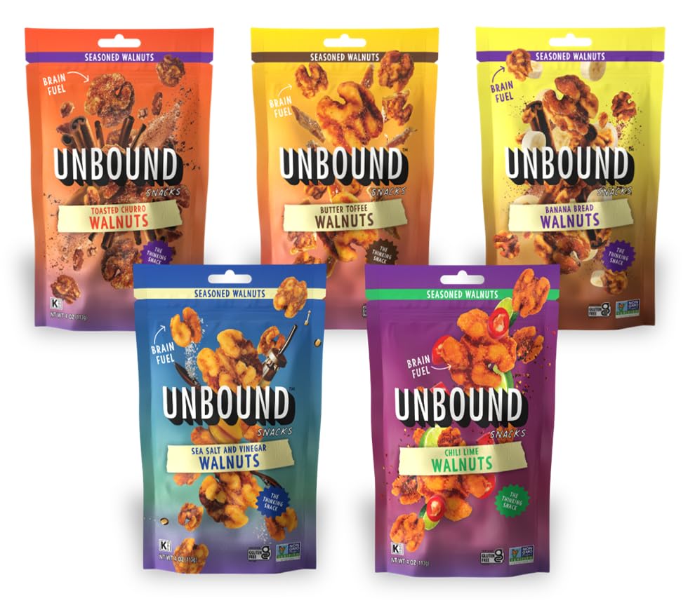 Unbound Snacks Flavored Nuts - Variety Walnuts Sampler, 4 oz (Pack of 5) - Healthy Snacks, 4g Protein, High in Omega 3, Gluten Free, Vegan - Freshly