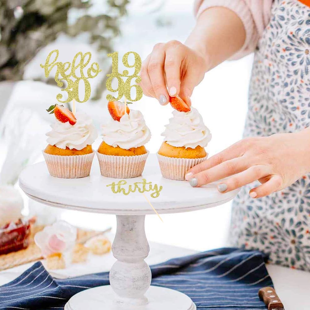 24 Pcs Gold Glitter 30th Birthday Cupcake Toppers for 30th Anniversary Birthday Party Wedding Party Decorations