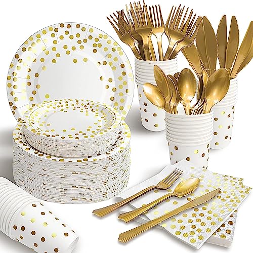 AIRE 175PCS White and Gold Paper Plates Party Supplies for 25 Guests Disposable Decorations Dinnerware Golden Dot Paper Plates Napkins Cups Gold