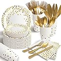 AIRE 175PCS White and Gold Paper Plates Party Supplies for 25 Guests Disposable Decorations Dinnerware Golden Dot Paper Plates Napkins Cups Gold