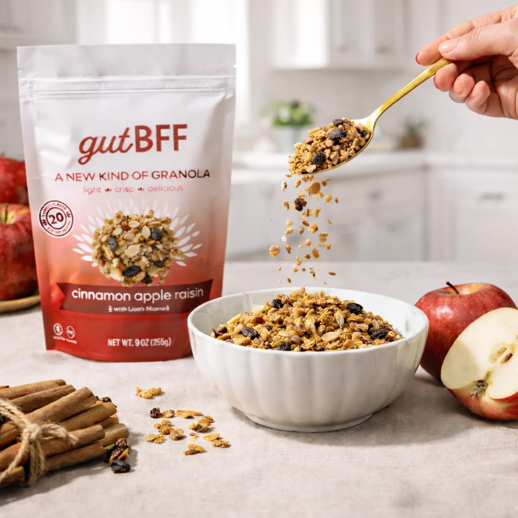 gutBFF Low Sugar Granola - Gluten Free Healthy Granola with Lion’s Mane Mushroom & Baobab Superfruit for Gut Health - 5g or Less Added Sugar Breakfast