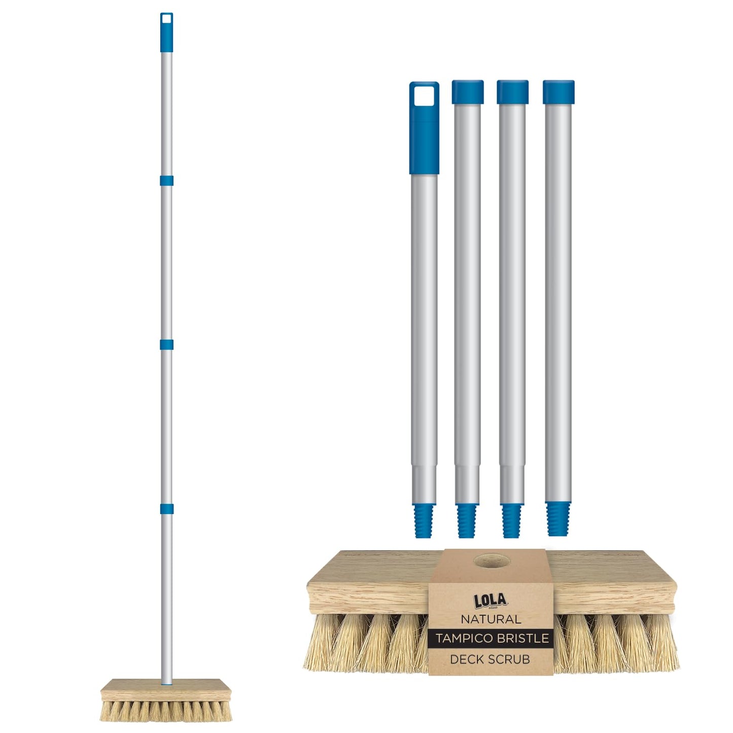 LOLA Deck Scrub Brush, 9" x 3.5" Head w/Tampico Bristles for Outdoor Cleaning, Removes Dirt & Grime from Patios, Decks, Grout, 1 Count