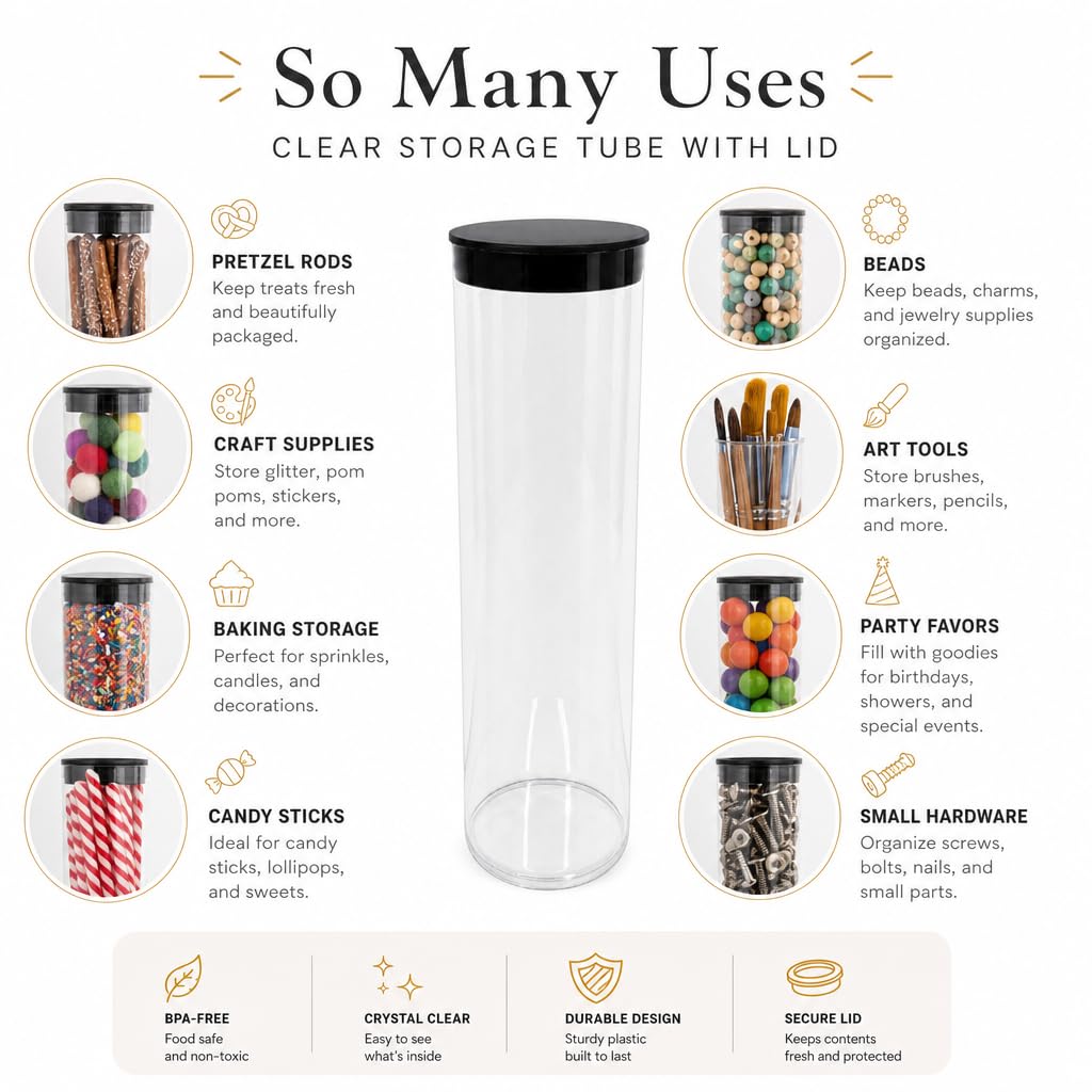 Chocolate Works Clear Pretzel Rod Tubes, 12 Pack - Food?Safe Gift Packaging for Pretzel Rods, Candy Sticks, Crafts & Party Favors - 2.5" x 8"