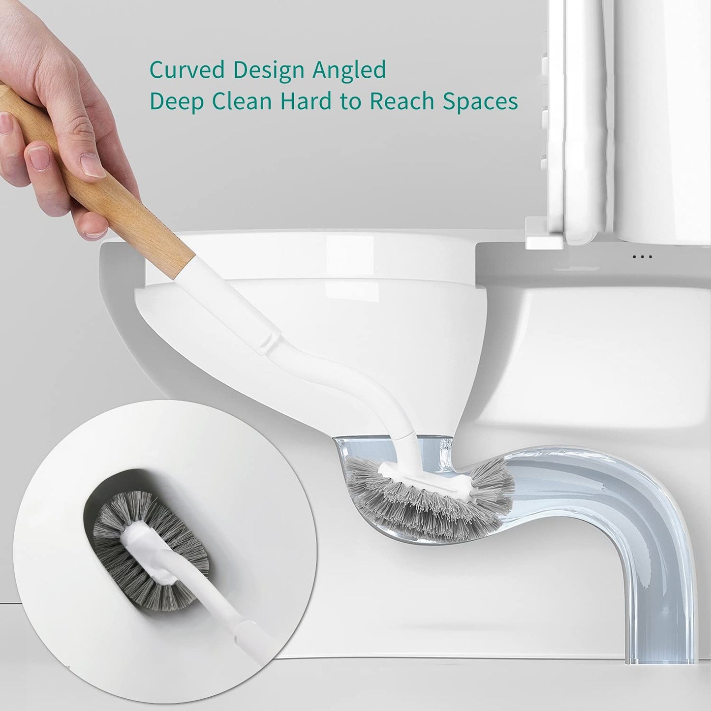 Kpoooku Toilet Brush with Holder,Curved Design Angled Clean Tool with Wood Handle,Wall Mounted Toilet Brushes Set for Bathroom