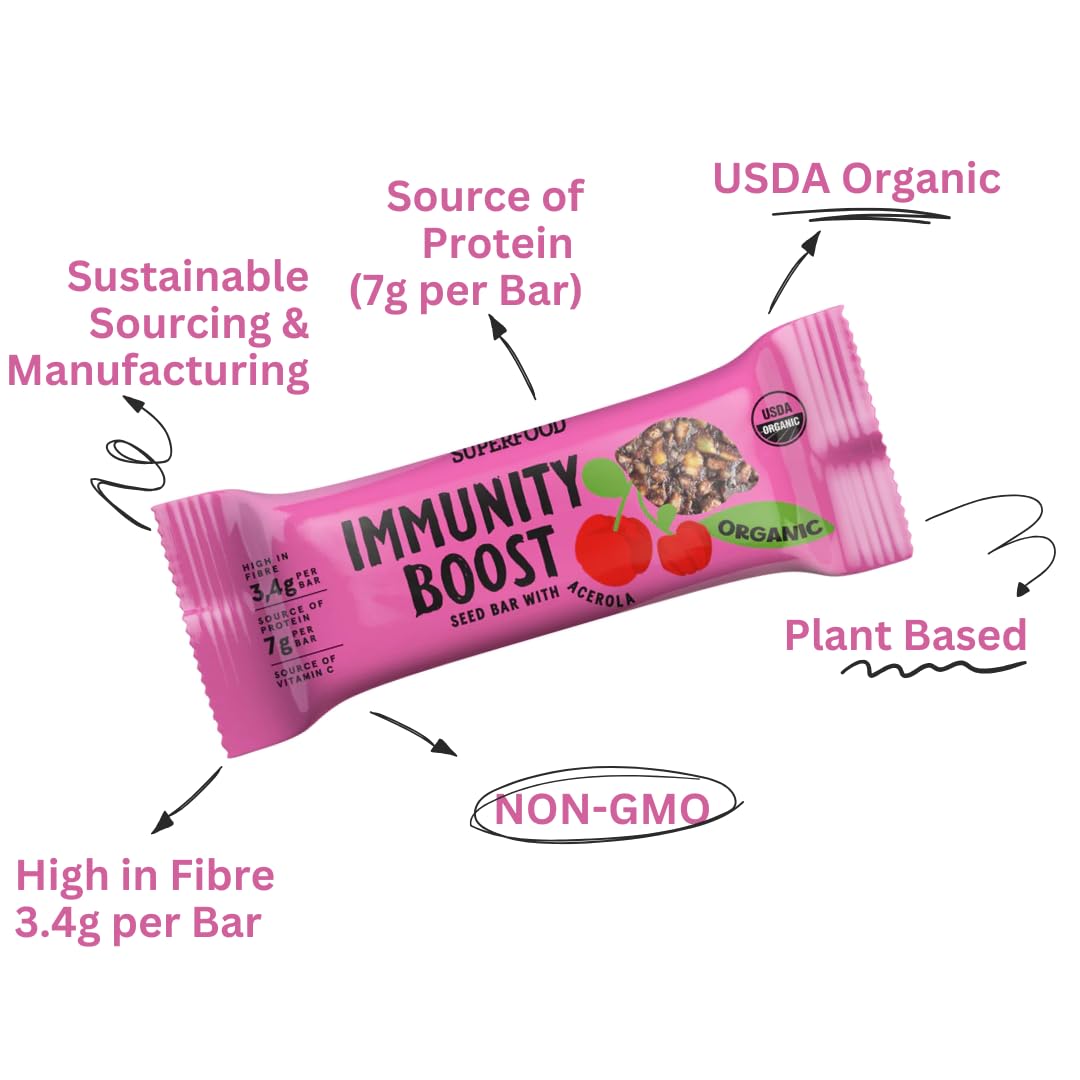 Immunity Boost Organic Seed Bars with Acerola | Low-Calorie, High-Fiber, Plant-Based Snack | Packed with Pumpkin, Sunflower & Chia Seeds | 24-Pack