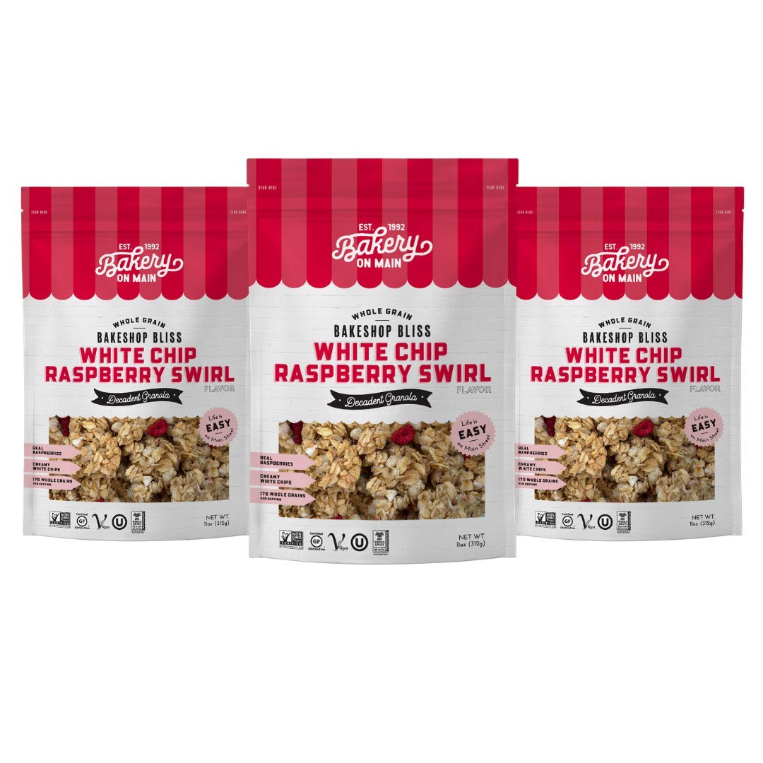 Bakery On Main Decadent Granola, White Chip Raspberry Swirl - Whole Grain Bakeshop Bliss, Gluten-Free, Vegan, Non-GMO, 11oz (Pack of 3)