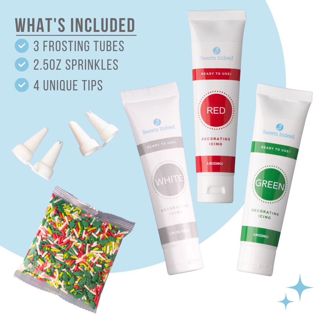 Sweets Indeed Christmas Cookie Decorating Kit - 11.31 oz | 3 Frosting Tubes (Red, Green & White) + 4 Decorating Tips + 2.5 oz Holiday Sprinkles