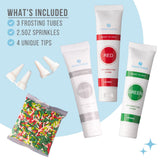 Sweets Indeed Christmas Cookie Decorating Kit - 11.31 oz | 3 Frosting Tubes (Red, Green & White) + 4 Decorating Tips + 2.5 oz Holiday Sprinkles