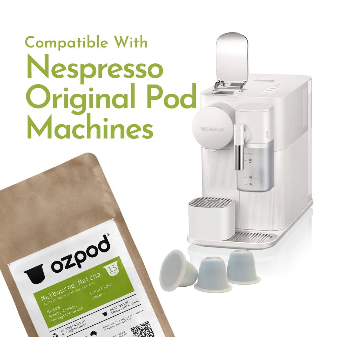 Ozpod Matcha Green Tea Pods for Nespresso Original, Compatible Nespresso Tea Pods, 100% Compostable and Biodegradable from Australia, 15 Single Serve