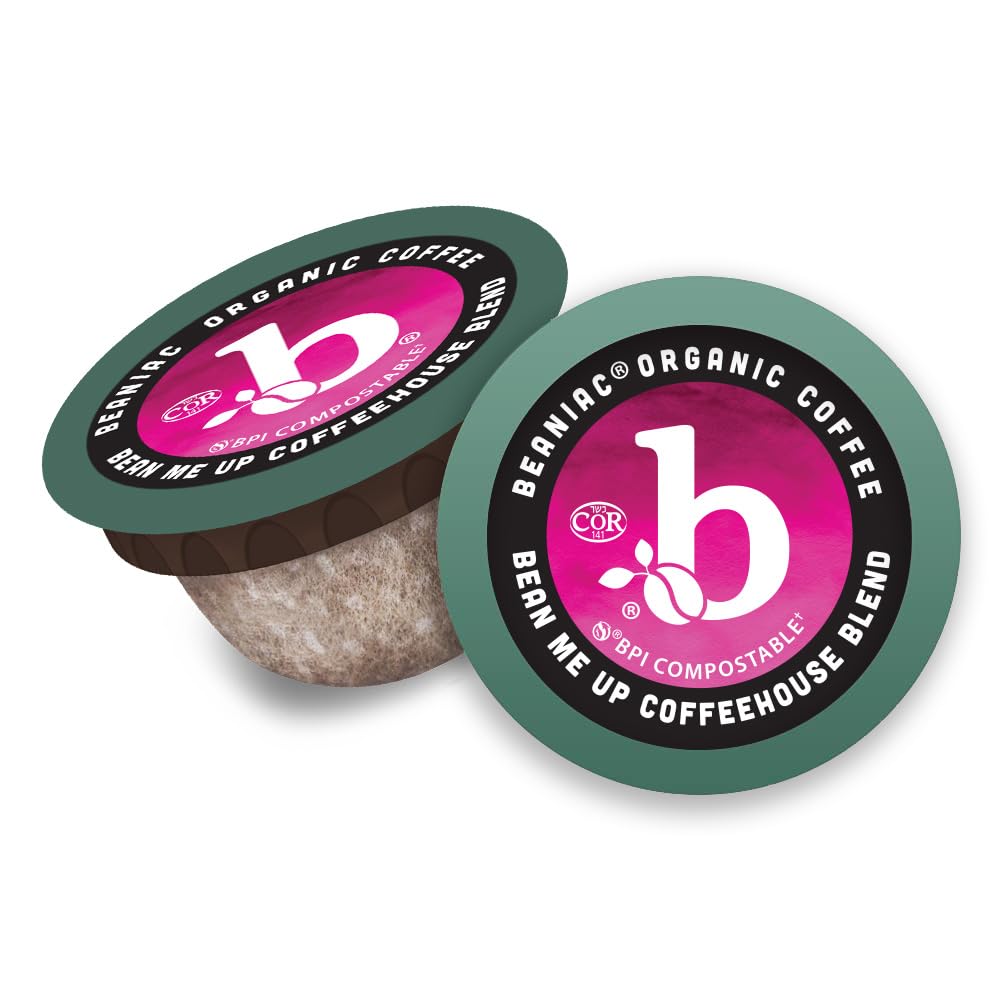 beaniac Organic Bean Me Up Coffeehouse Blend, Medium Roast, Single Serve Compostable K Cup Coffee Pods, Organic Arabica Coffee, Keurig Brewer