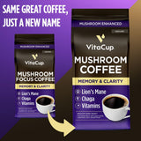 VitaCup Mushroom Coffee Grounds, with Lions Mane, Chaga, B Vitamins, D3, Boost Focus, Immunity, Memory & Clarity, Medium Dark Roast, 100% Arabica