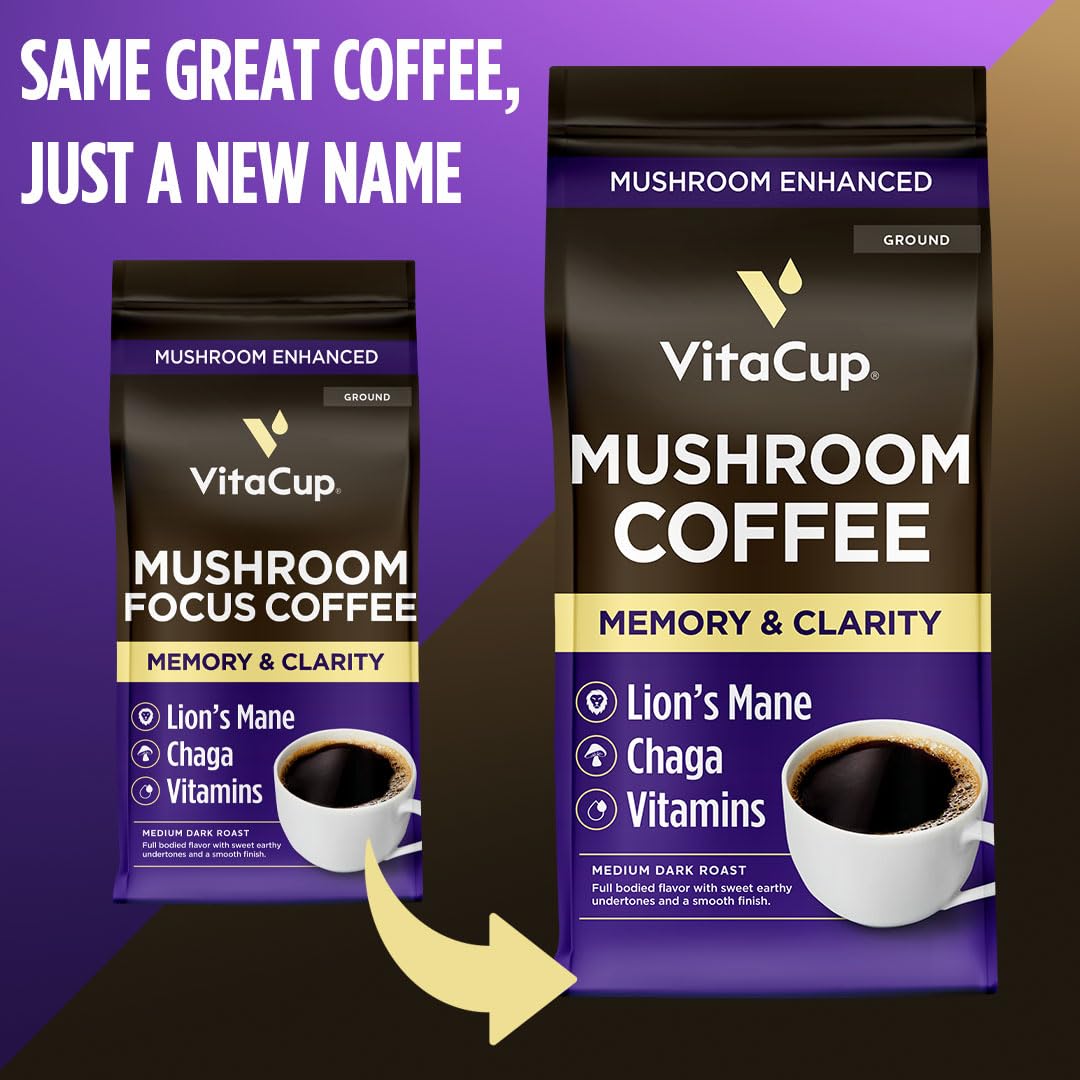 VitaCup Mushroom Coffee Grounds, with Lions Mane, Chaga, B Vitamins, D3, Boost Focus, Immunity, Memory & Clarity, Medium Dark Roast, 100% Arabica