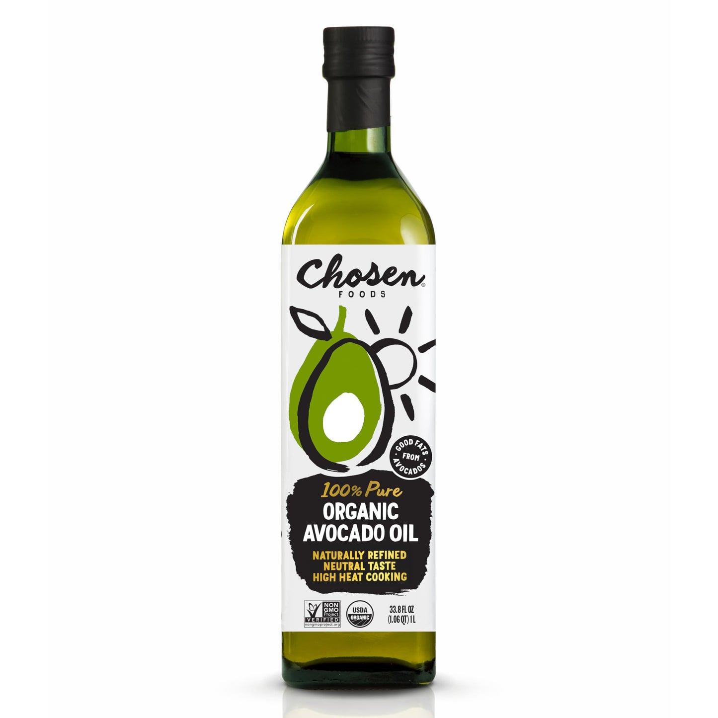Chosen Foods Organic Avocado Oil for Cooking, 33.8 Fl Oz - Naturally Refined Cooking Oil made from 100% Pure Avocados - Non-GMO, Gluten-Free, Keto Friendly, Glyphosate Free - 1 Liter (Pack Of 1)
