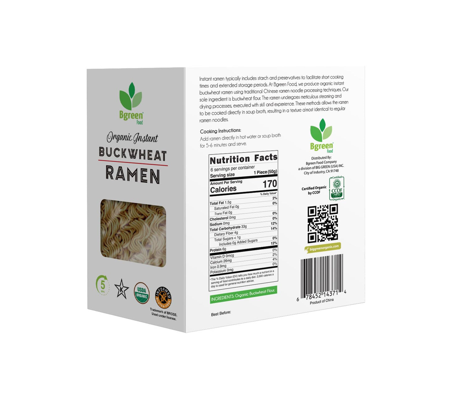 Big Green Organic Food - Organic Instant Buckwheat Ramen, USDA Organic, Add Directly to Broth, Ready to Eat Meals, Air-Dried, Non-Fried (1 Box)