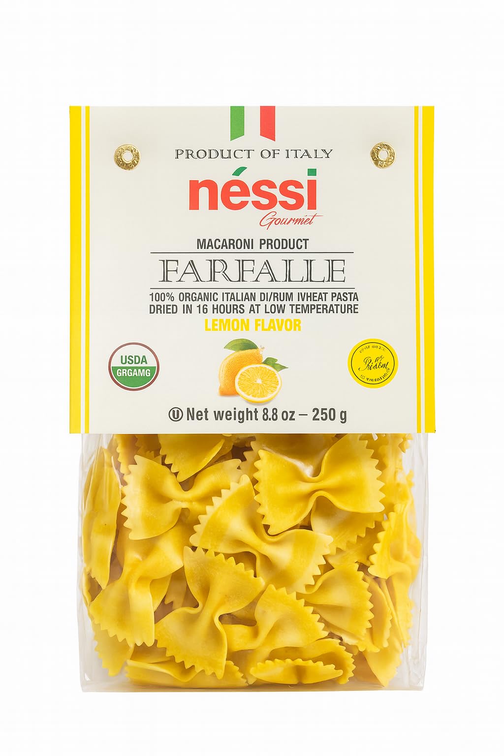Néssi Lemon Farfalle, 8.8 Ounce, Organic Italian Pasta, Bow-Tie
