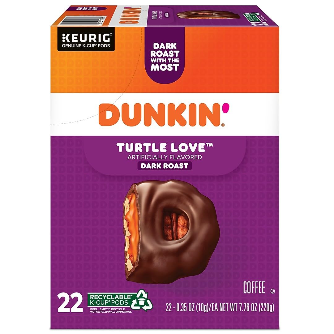 Dunkin' Turtle Love Dark Roast K-Cup Pods, 22 Count, Caramel Pecan Chocolate Flavor, Caffeinated, Kosher