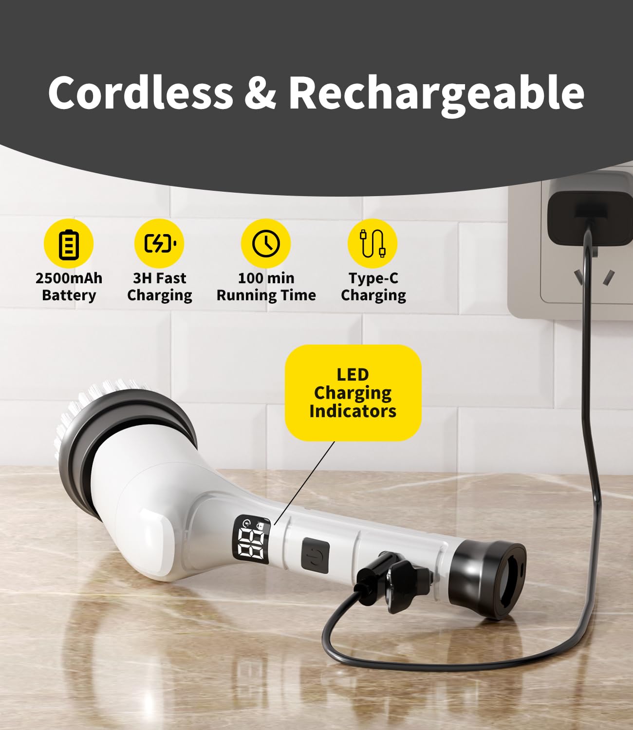Electric Spin Scrubber, Cordless Household Cleaning Brush with 6 Replaceable Heads, 3 Speeds, LED Display, Lightweight Handheld Power Scrubber