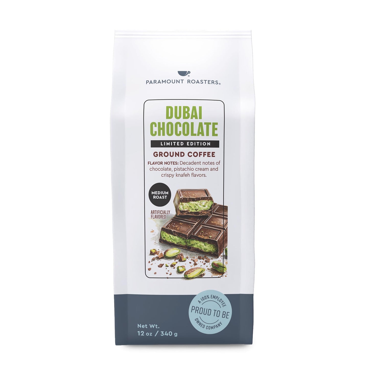 Paramount Roasters Limited Edition Dubai Chocolate Flavored Ground Coffee, 12oz Medium Roast 100% Arabica