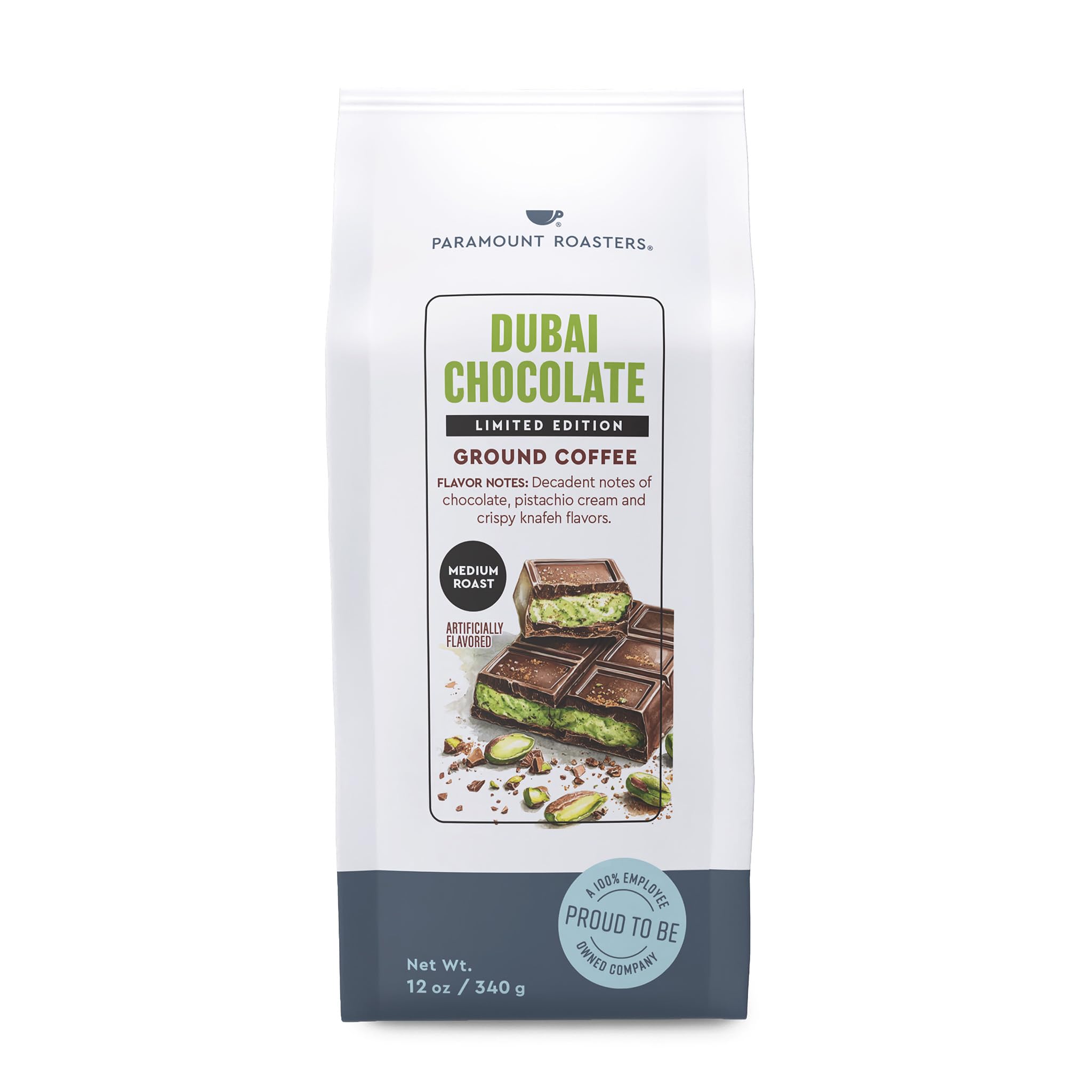 Paramount Roasters Limited Edition Dubai Chocolate Flavored Ground Coffee, 12oz Medium Roast 100% Arabica
