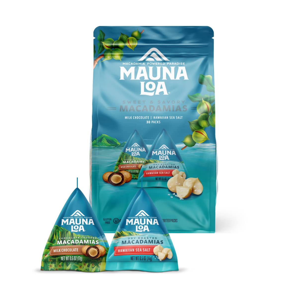 Mauna Loa Premium Roasted Macadamia Nuts, Sweet and Savory Mini Packs, Sea Salt and Milk Chocolate, .5 Oz Pouches (Pack of 30)