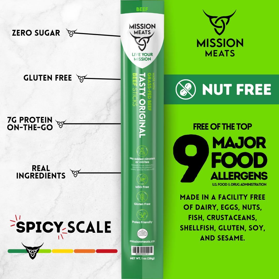 Mission Meats Beef Sticks - 100% Grass Fed Beef, Zero Sugar, Healthy Snacks, Individually Wrapped, Gluten Free, Non-GMO, Original 1oz (Pack of 12)