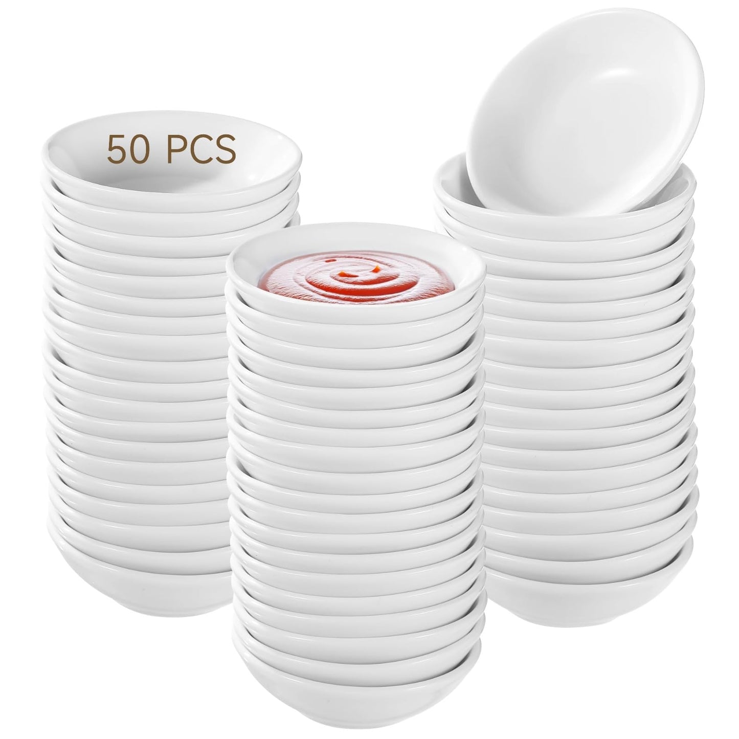 50 PCS Round Ceramic Sauce Bowls, 2.9 x 1 in Ceramic Dipping Sauce Cups, Small Seasoning Dish Sauces Container, Prep Appetizer Plate, Condiment Holder