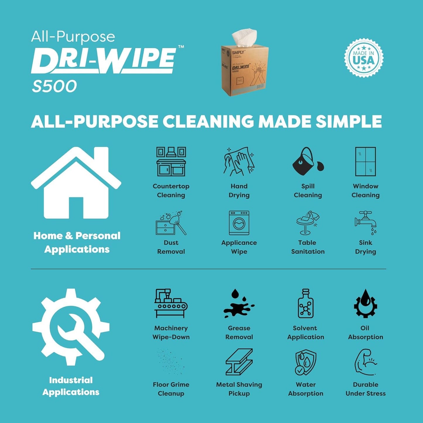Dri-Wipe S500 by SMPLY Brands: All-Purpose Dry Wipes, 176 Count, Alternative to Shop Towels & Paper Towels, 8" x 12" Center Pull Sheets