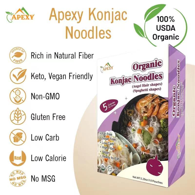 Apexy Organic Shirataki Konjac Noodle 8 Pouches Total 42.24oz. Low Calorie, Low-Carb Gluten Free, Vegan, Keto and Paleo-Friendly. (Angel Hair