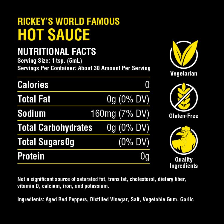 RICKEY'S Original World Famous Sauce, Gourmet Hot Sauce with Aged Red Peppers, Distilled Vinegar, Salt, Granulated Garlic, in a Bottle, 5 oz.