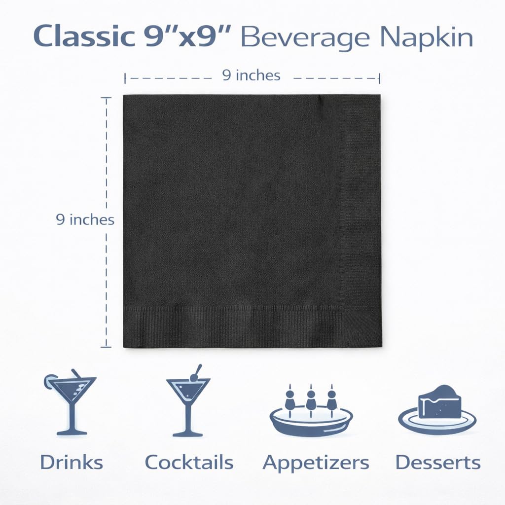 2-Ply Black Beverage Napkins with Standard 9x9 - Disposable Cocktail Napkins Suitable for Everyday Use - Fit Offices, Cafeterias & Restaurants - 1000