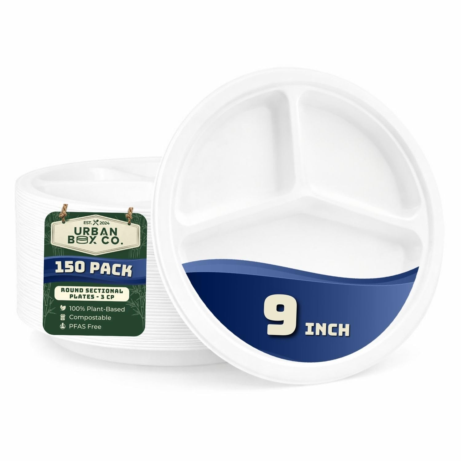 Urban Box Co. 9 Inch 3 Compartment Paper Plates - 150 Pack Heavy-Duty & Sturdy Sectional Compostable Dinner Plates, Perfect for Everyday Use