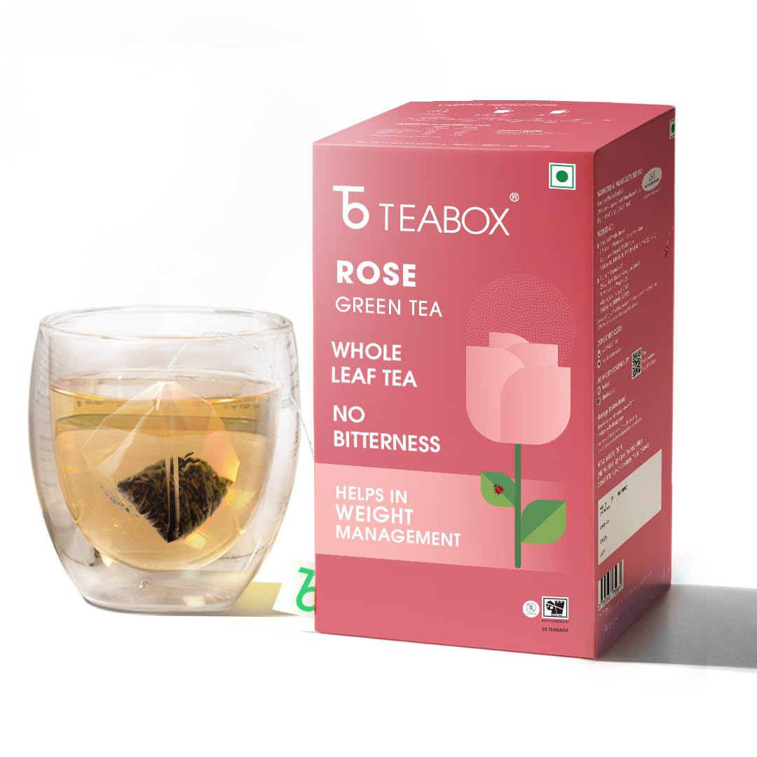 Teabox Premium Darjeeling Green Tea With Natural Rose Petals |100% Whole Leaf & 0% Bitterness | Green Tea From The Himalayas | 25 Tea Bags (Low