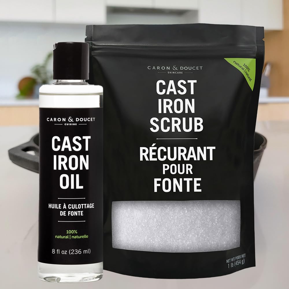 CARON & DOUCET - Cast Iron Care Seasoning Bundle - CastIron Oil & Cast Iron Scrub - 100% Plant Based Formulation - Helps Maintain Seasoning on All
