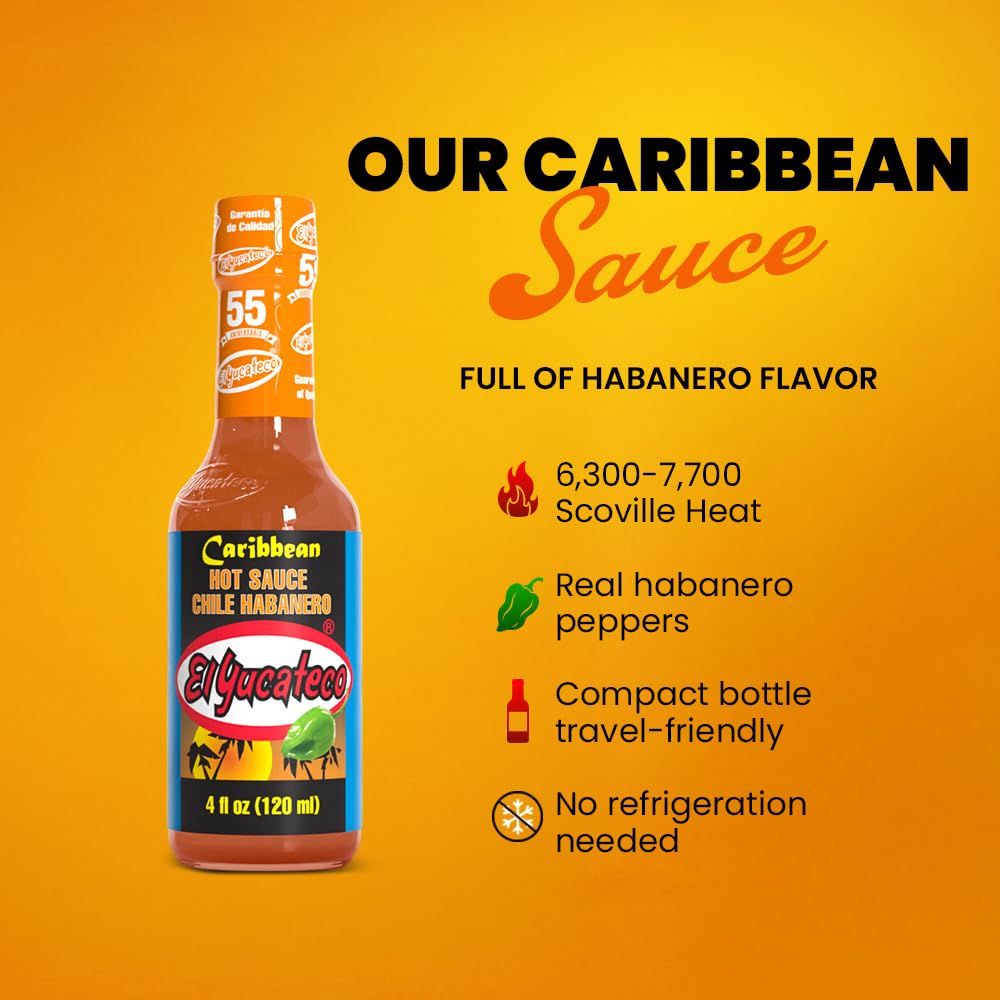 El Yucateco Caribbean Chile Habanero Hot Sauce, 4 oz, Authentic Mexican Hot Sauce (Pack of 3)