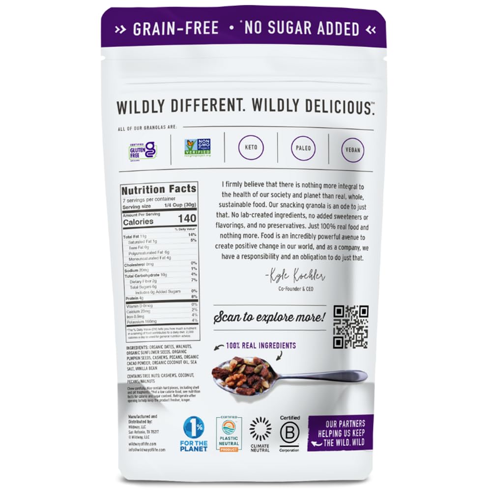 Wildway Keto Granola | Dark Chocolate Sea Salt | Grain-Free Certified Gluten-Free Cereal | Vegan, Low Carb | No Sugar Added | Paleo-Friendly, Non-GMO