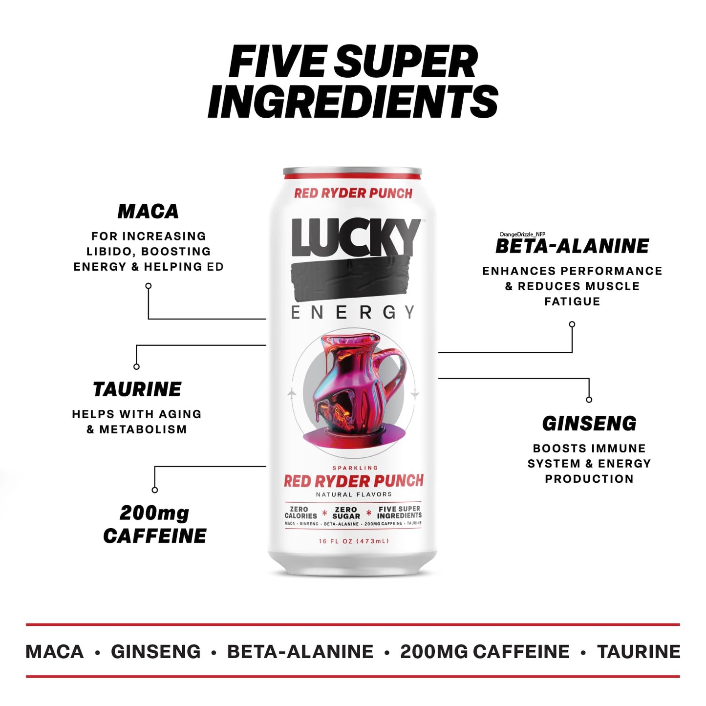 Lucky Energy Sugar Free Energy Drinks, Red Ryder Punch, 16oz Cans (12-Pack) Healthy, Zero Sugar Energy Drink with Maca, Ginseng, Beta-Alanine, Taurine