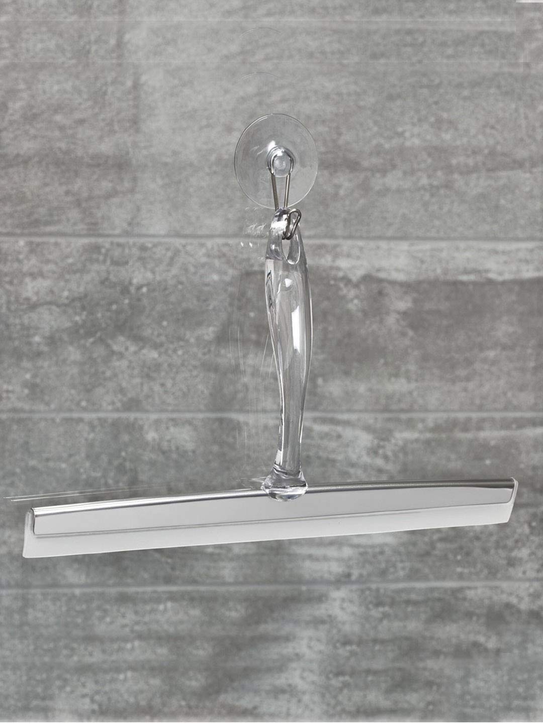 iDesign Zia Metal and Plastic Bathroom Squeegee for Shower, Glass Doors, Floors, Mirrors, with Suction Hook Holder , 12 Inches, Clear and Stainless