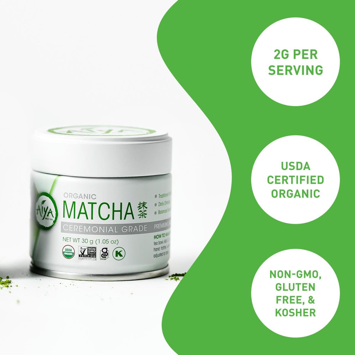 Aiya Organic Ceremonial Grade Matcha Powder - Premium Matcha Ceremonial Grade, Vibrant Jade Green Color, Mild Natural Sweetness, Japanese Tea